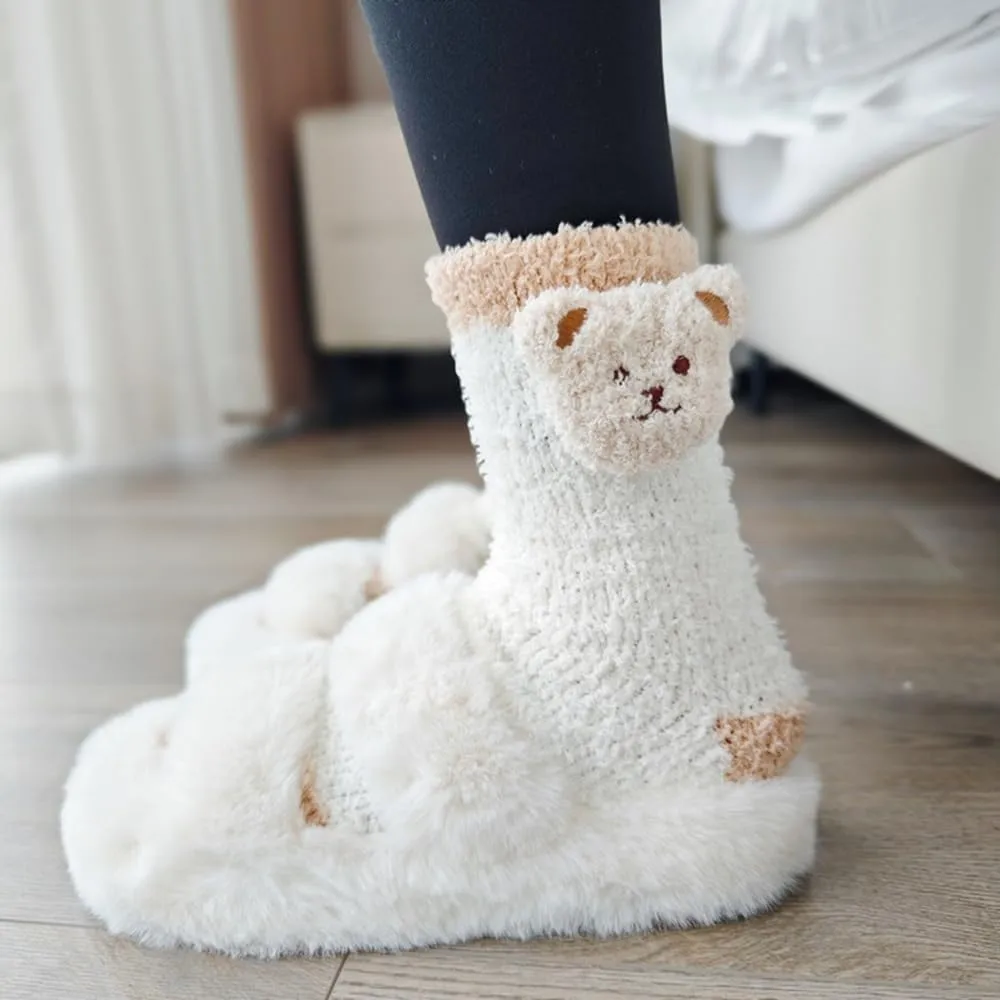 5 Pairs Fuzzy Socks for Women, Winter Thickening Coral Velvet Cozy Socks, Warm Home Sleeping Socks, Cute Animal Slipper Socks