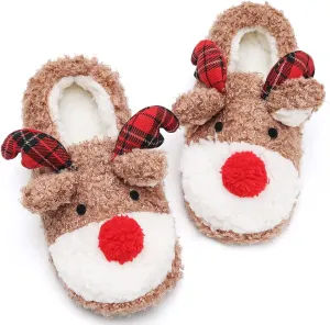 ASHION Women's Cute Fuzzy Reindeer House Slippers Stuffed Animal Bedroom Slippers Cozy Christmas Indoor Shoes