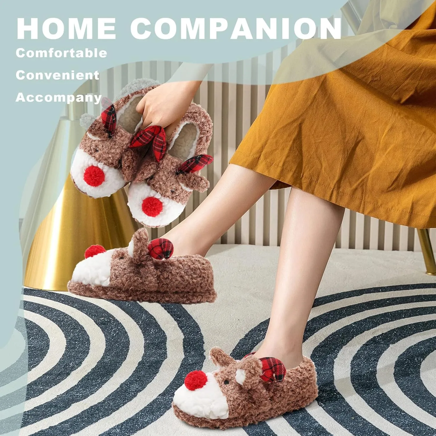 ASHION Women's Cute Fuzzy Reindeer House Slippers Stuffed Animal Bedroom Slippers Cozy Christmas Indoor Shoes