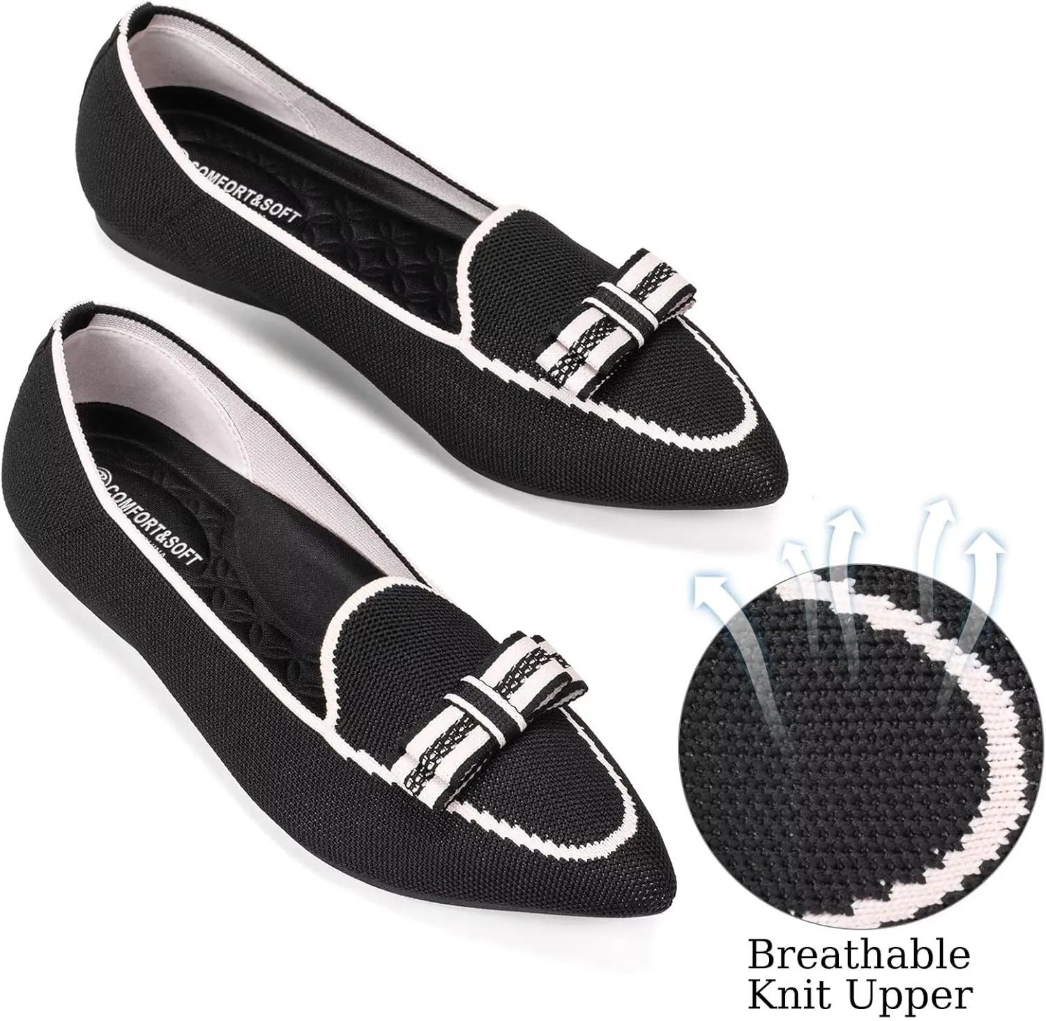 BEJINASH Women's Loafer Flats Casual Knit Fabric Lightweight Dressy Shoes Washable Elegant Pointed-Toe lace-up Bow Shoes Comfortable Ballet Shoes for Women Perfect for Daily