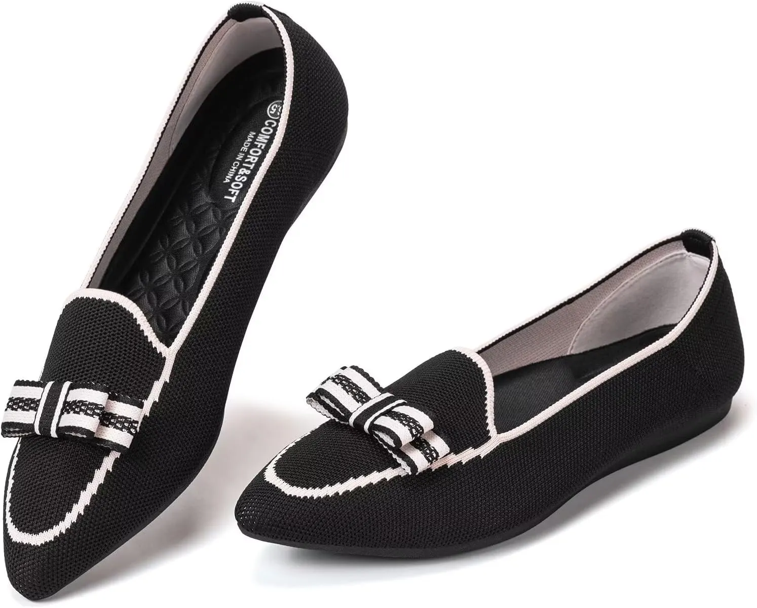 BEJINASH Women's Loafer Flats Casual Knit Fabric Lightweight Dressy Shoes Washable Elegant Pointed-Toe lace-up Bow Shoes Comfortable Ballet Shoes for Women Perfect for Daily
