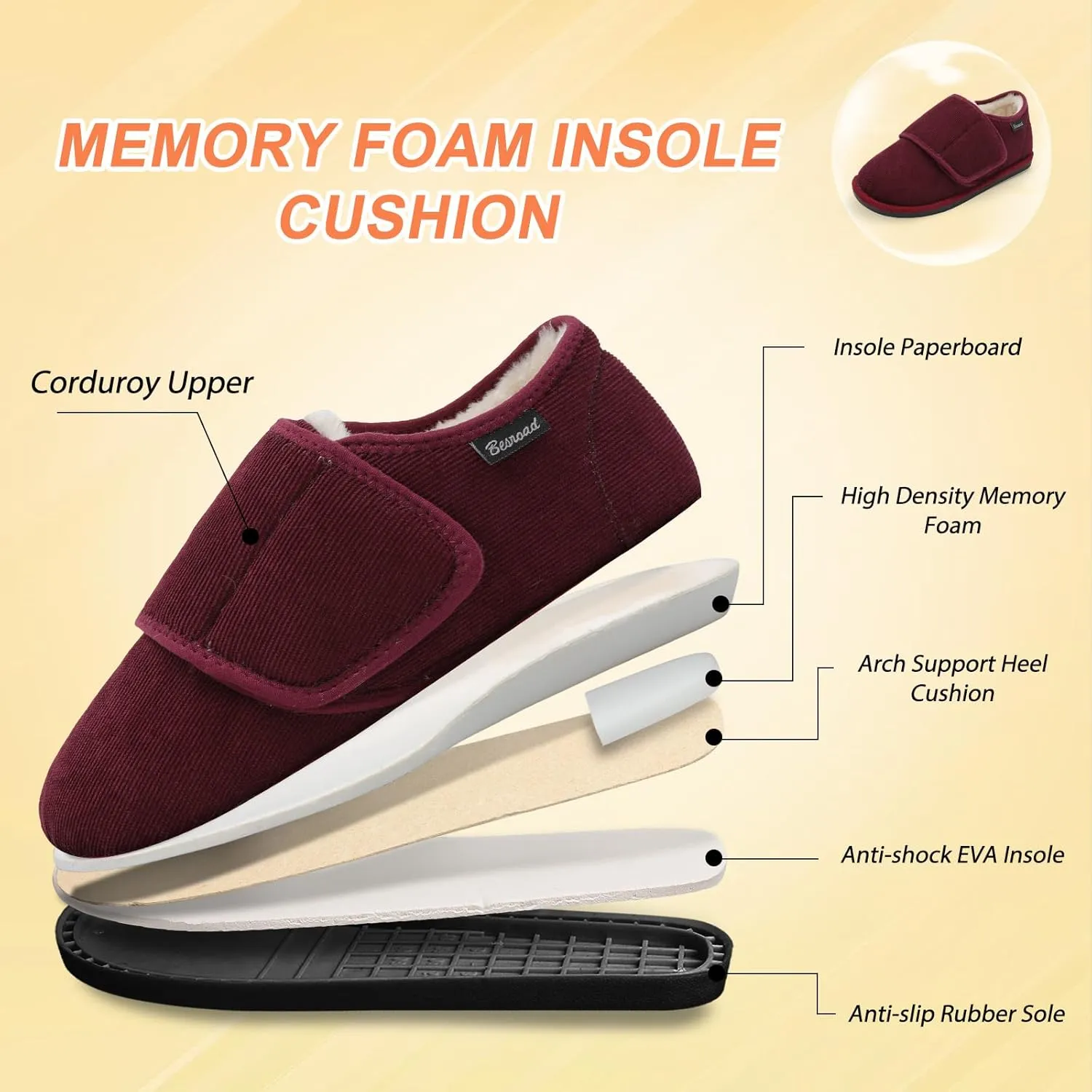 Besroad Womens Furry Memory Foam House Slippers Wide Diabetic Shoes Adjustable Bedroom Slippers Arthritis Edema Swollen House Shoes Indoor Outdoor
