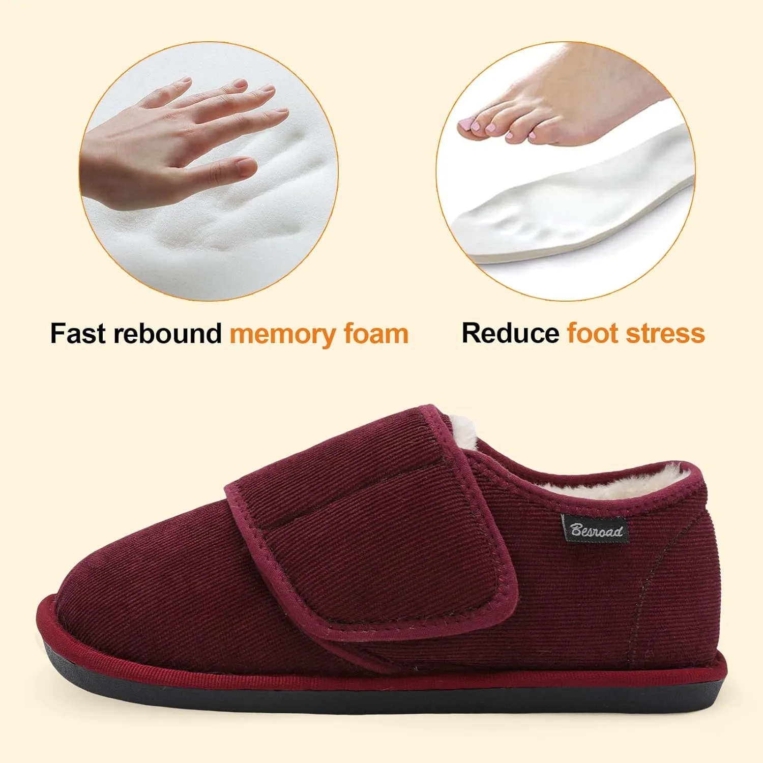 Besroad Womens Furry Memory Foam House Slippers Wide Diabetic Shoes Adjustable Bedroom Slippers Arthritis Edema Swollen House Shoes Indoor Outdoor