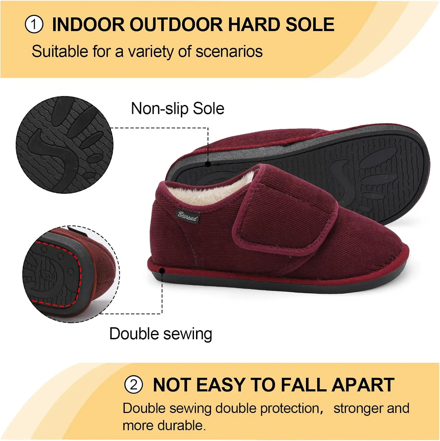 Besroad Womens Furry Memory Foam House Slippers Wide Diabetic Shoes Adjustable Bedroom Slippers Arthritis Edema Swollen House Shoes Indoor Outdoor