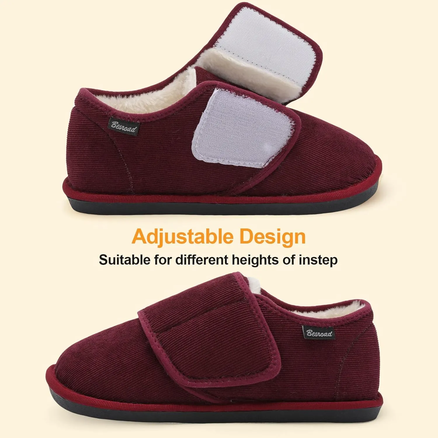 Besroad Womens Furry Memory Foam House Slippers Wide Diabetic Shoes Adjustable Bedroom Slippers Arthritis Edema Swollen House Shoes Indoor Outdoor