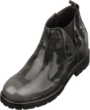 CALTO Men's Invisible Height Increasing Elevator Shoes - Grey Patent Leather Chelsea-zip Boots - 3.6 Inches Taller - K8991- Size 9 D(M) US