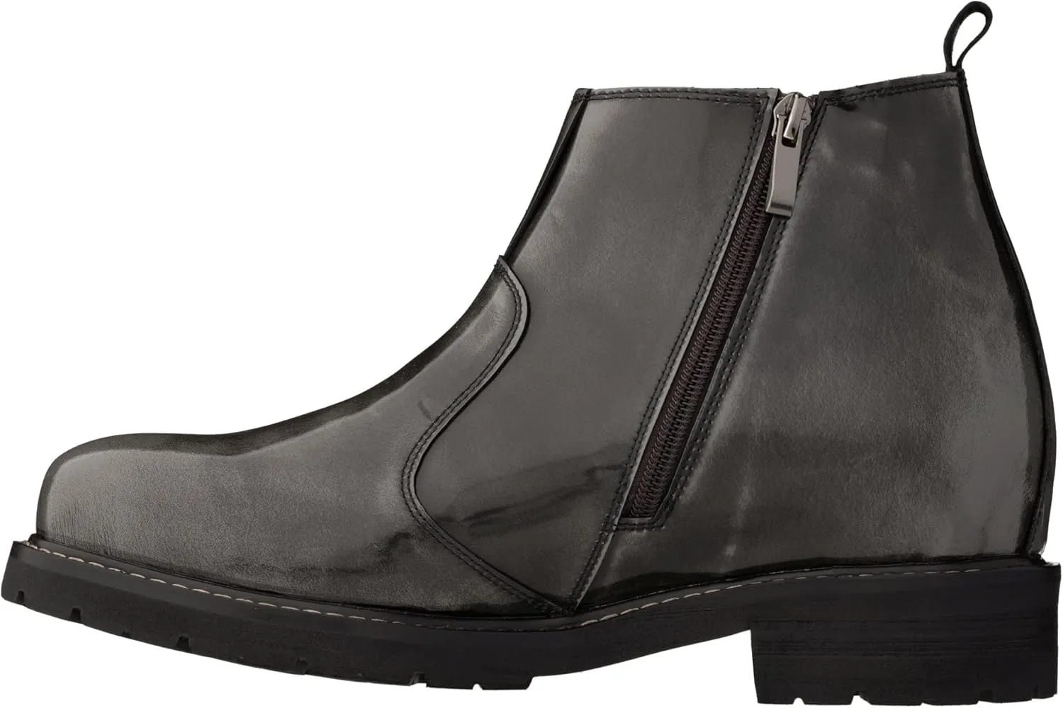 CALTO Men's Invisible Height Increasing Elevator Shoes - Grey Patent Leather Chelsea-zip Boots - 3.6 Inches Taller - K8991- Size 9 D(M) US