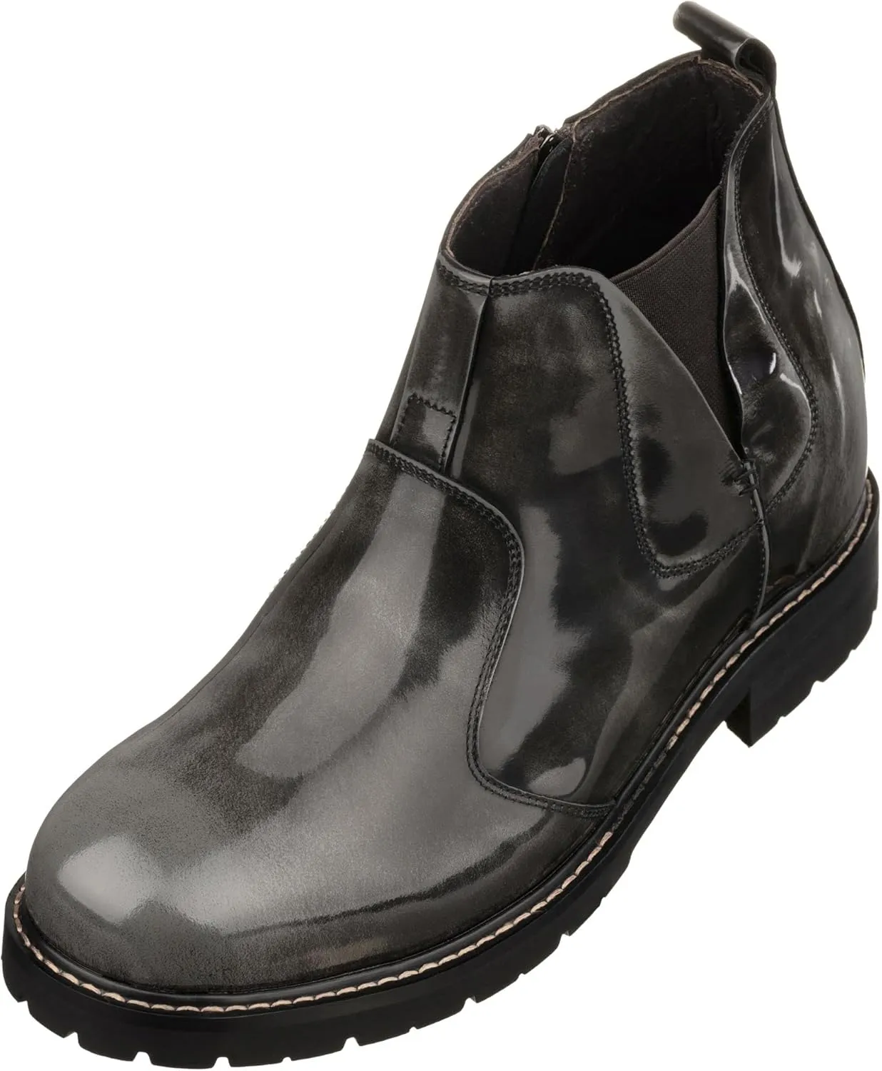 CALTO Men's Invisible Height Increasing Elevator Shoes - Grey Patent Leather Chelsea-zip Boots - 3.6 Inches Taller - K8991- Size 9 D(M) US