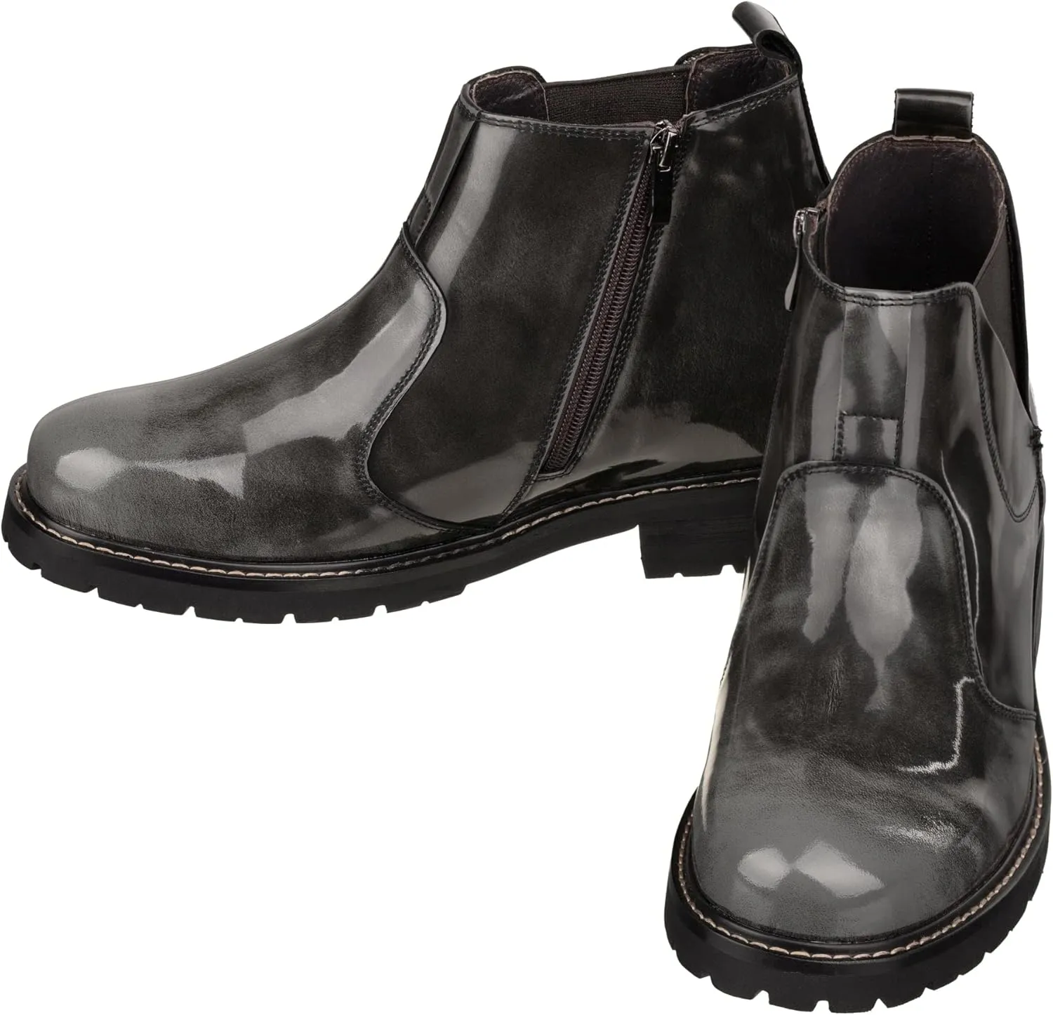 CALTO Men's Invisible Height Increasing Elevator Shoes - Grey Patent Leather Chelsea-zip Boots - 3.6 Inches Taller - K8991- Size 9 D(M) US