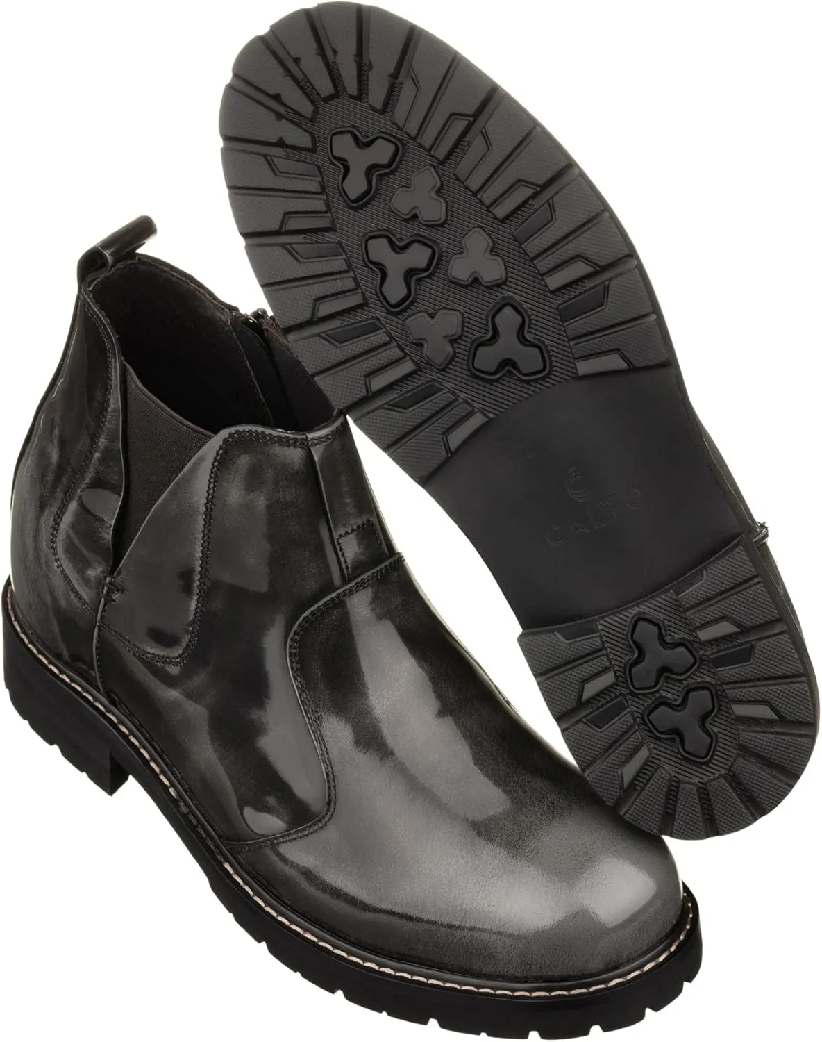 CALTO Men's Invisible Height Increasing Elevator Shoes - Grey Patent Leather Chelsea-zip Boots - 3.6 Inches Taller - K8991- Size 9 D(M) US