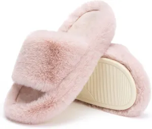 Chantomoo Women's Blue Memory Foam Faux Fur Lined Open Toe Slippers for Women - US 12