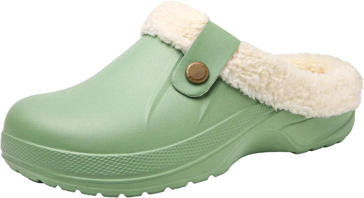 ChayChax Women and Men Fur Lined Clogs Memory Foam Warm Fuzzy Slippers Winter Waterproof Indoor Outdoor Slipper