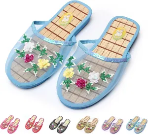Chinese Slippers for Women, Mesh Bamboo Flats Floral Slippers, Breathable Home Comfort Chinese Style Sandal