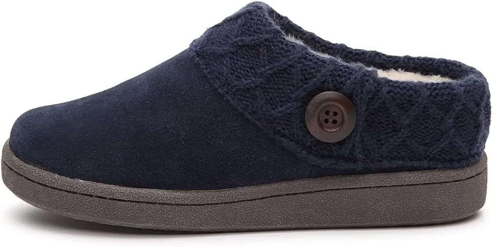 Clarks Womens Suede Leather Comfort Clog Knitted Collar Slipper - Plush Faux Fur Trim - Indoor Outdoor House Slippers For Women (Navy/Grey 7M)