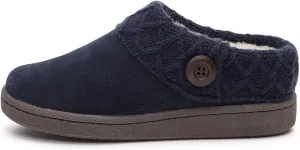 Clarks Womens Suede Leather Comfort Clog Knitted Collar Slipper - Plush Faux Fur Trim - Indoor Outdoor House Slippers For Women (Navy/Grey 7M)