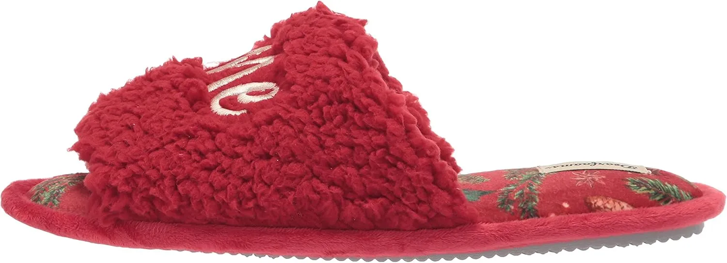 Dearfoams Women's Lane Giftable Holiday Slide with Novelty Sayings Applique Slipper
