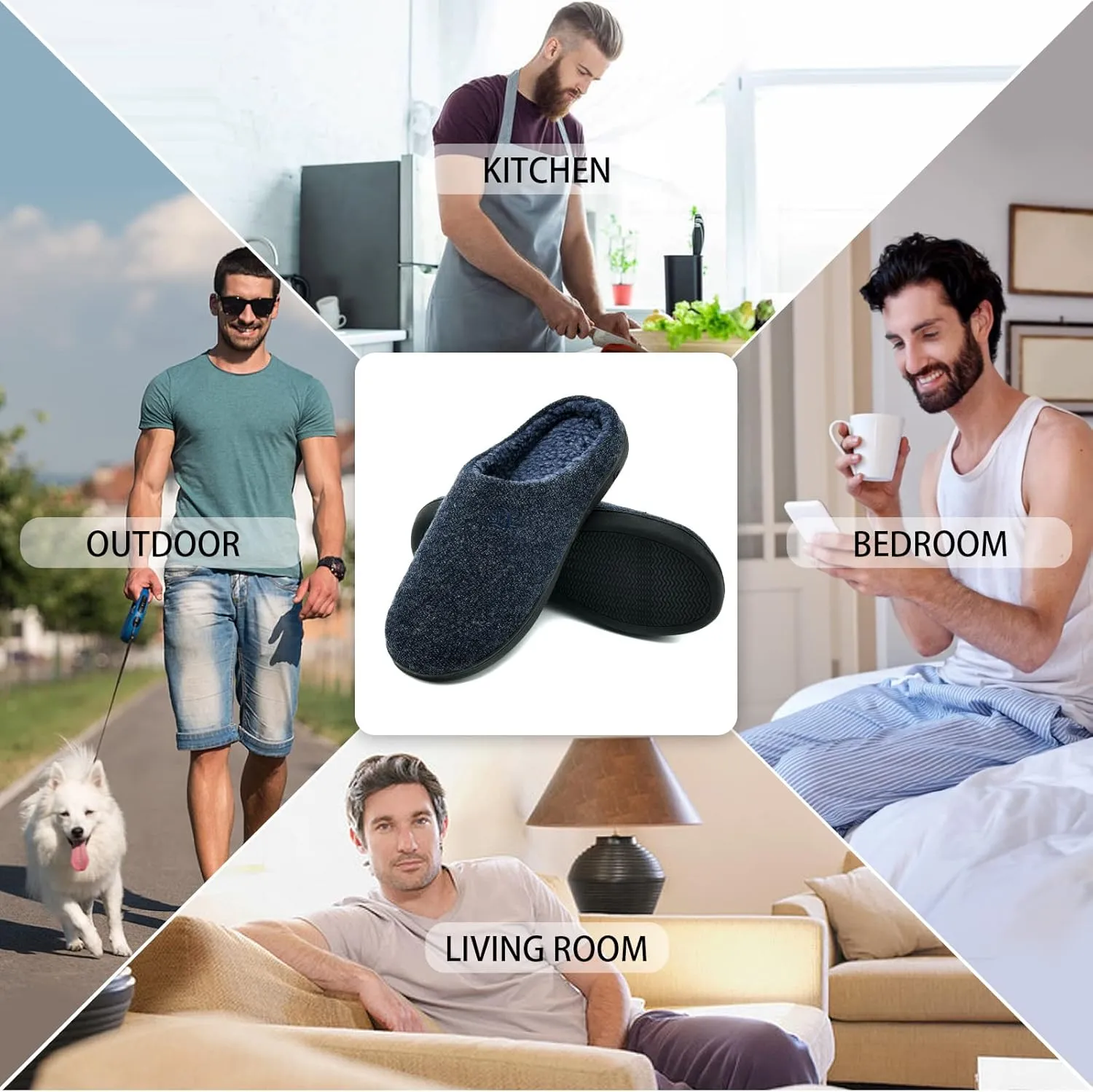 DL Mens Memory Foam Slippers - Comfortable House Slippers For Men, Indoor Outdoor, Closed Toe Black Gray Navy