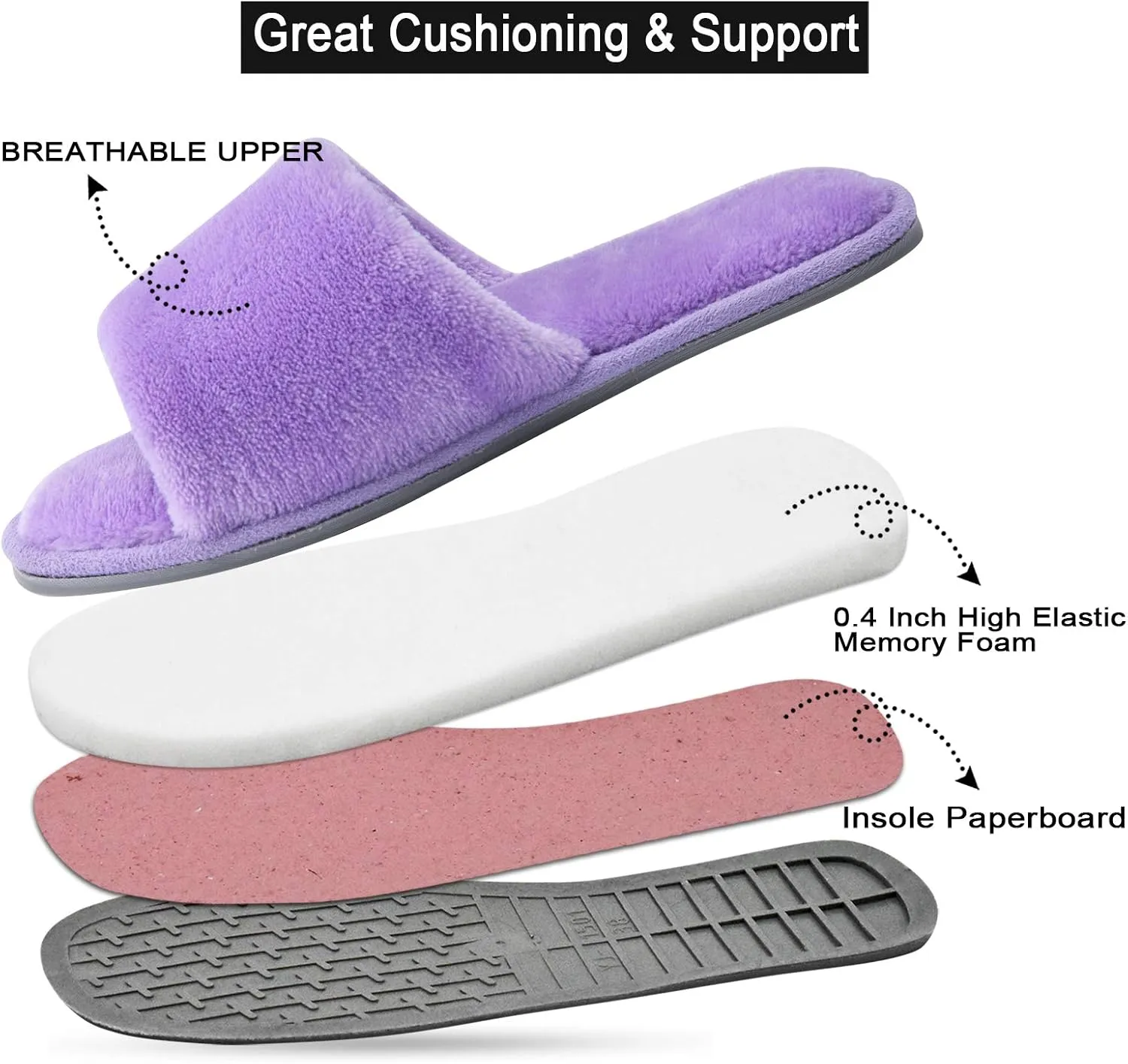 DL Open Toe Slippers for women Indoor, Cozy Memory Foam Womens House Slippers Summer Slip On, Comfy Soft Flannel Womens Bedroom Slippers Slide Breathable Size 5-6 7-8 9-10