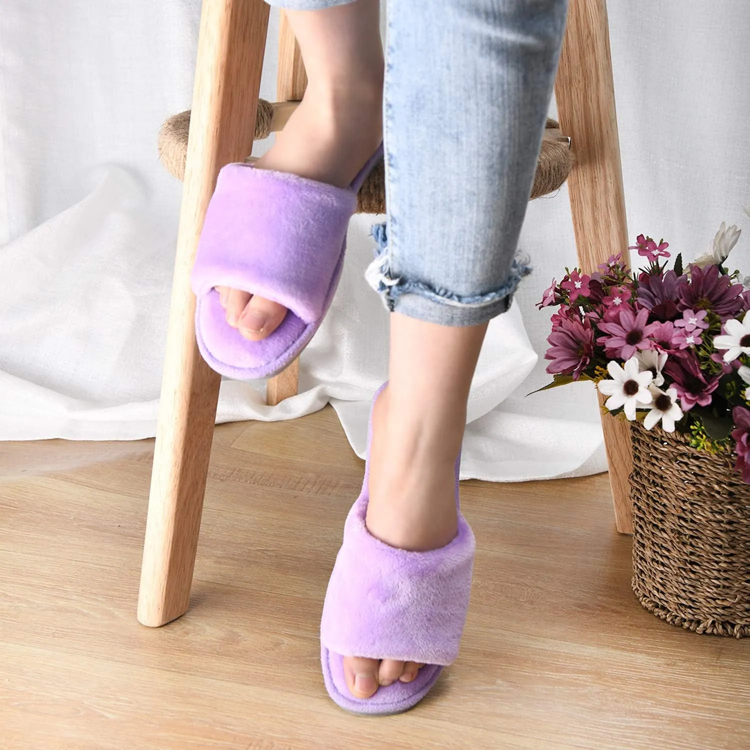 DL Open Toe Slippers for women Indoor, Cozy Memory Foam Womens House Slippers Summer Slip On, Comfy Soft Flannel Womens Bedroom Slippers Slide Breathable Size 5-6 7-8 9-10
