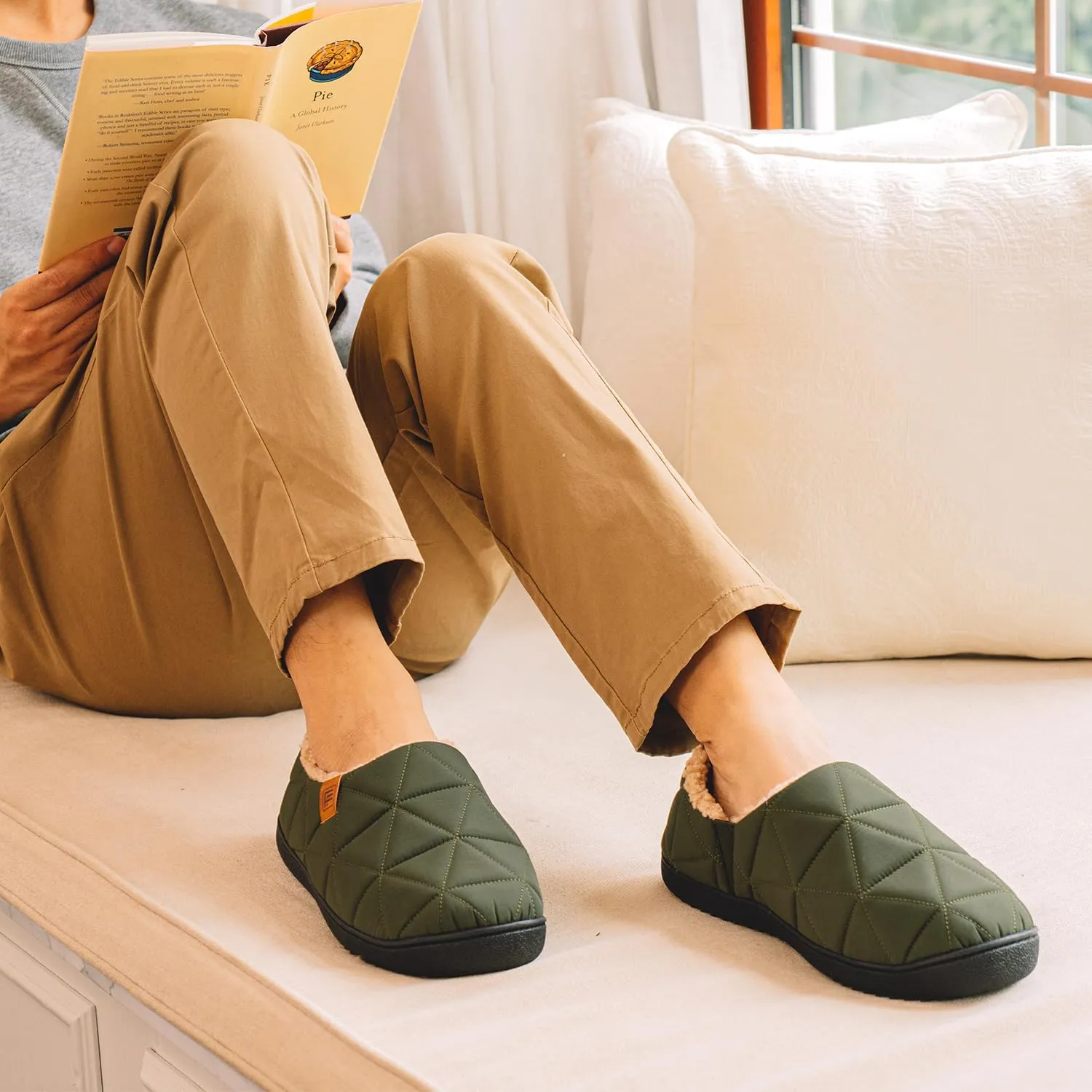 FamilyFairy Mens Warm Slippers Quilted Nylon Memory Foam House Shoes Indoor Outdoor with Non-Slip Sole