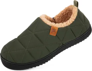 FamilyFairy Mens Warm Slippers Quilted Nylon Memory Foam House Shoes Indoor Outdoor with Non-Slip Sole