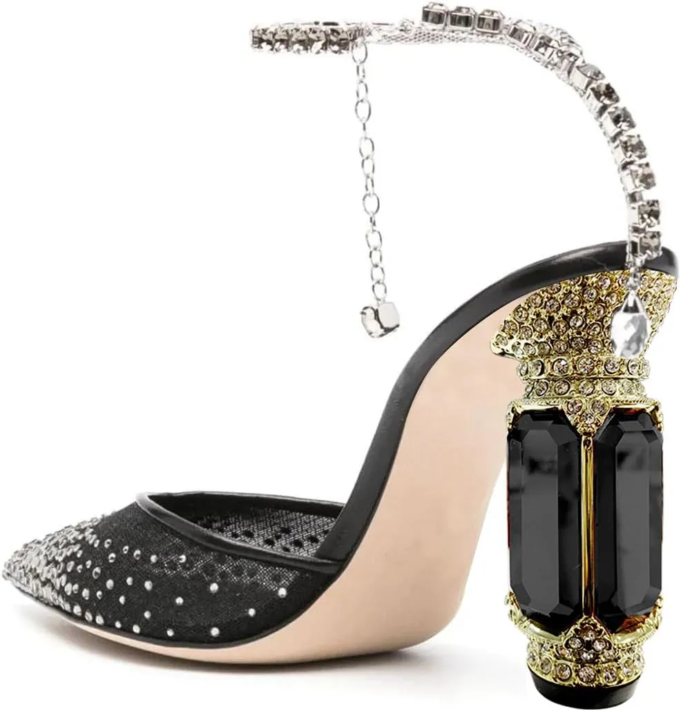 FSJ Women Bridal Heeled Sandals Pointy Toe Crystal Chain Ankle Strap Pumps Luxury Rhinestone Embellished Chunky Heels Wedding Party Dress Shoes Size 4-16 US