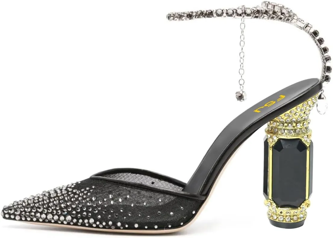 FSJ Women Bridal Heeled Sandals Pointy Toe Crystal Chain Ankle Strap Pumps Luxury Rhinestone Embellished Chunky Heels Wedding Party Dress Shoes Size 4-16 US