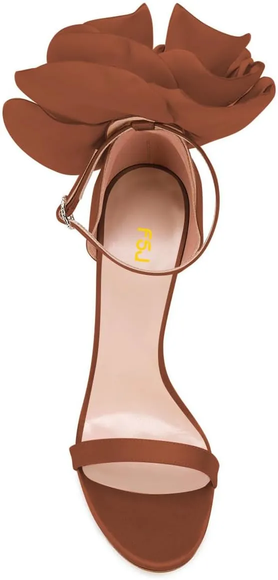 FSJ Women Open Toe Crystal Block Heels Sandals with Flower Bloom Back Ankle Strap Buckle Silk Satin Chunky Thick High Heels Wedding Party Pump Shoes Size 4-16 US