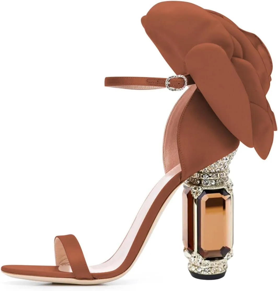 FSJ Women Open Toe Crystal Block Heels Sandals with Flower Bloom Back Ankle Strap Buckle Silk Satin Chunky Thick High Heels Wedding Party Pump Shoes Size 4-16 US
