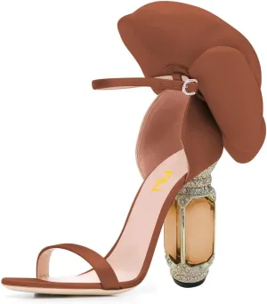 FSJ Women Open Toe Crystal Block Heels Sandals with Flower Bloom Back Ankle Strap Buckle Silk Satin Chunky Thick High Heels Wedding Party Pump Shoes Size 4-16 US