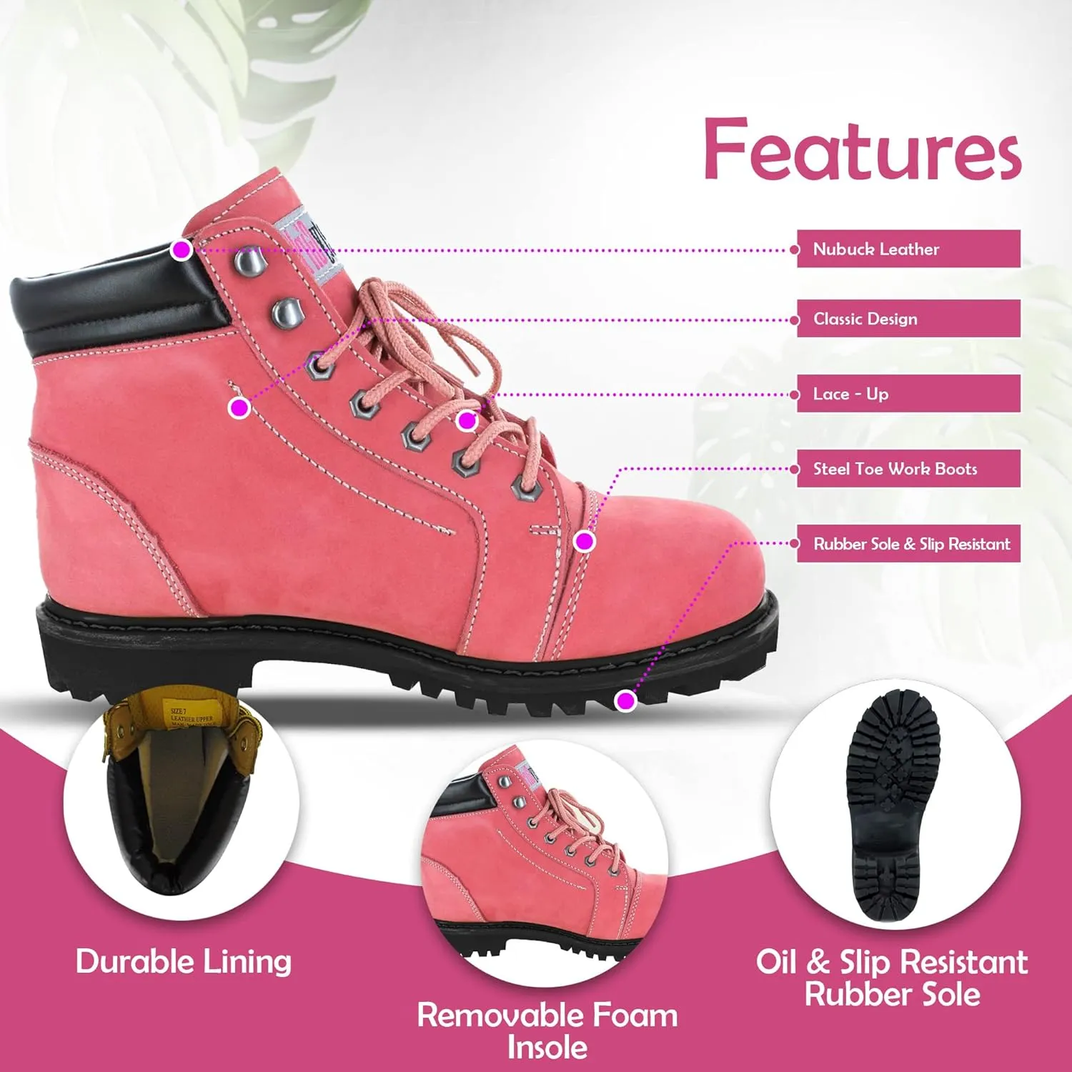 Fusion English Waterproof Work Boots - Pink Steel Toe 8M | Leather Work Boots Equipped with A Rugged Goodyear Welt Construction, Oil Resistant Outsoles and Cushioned Insoles