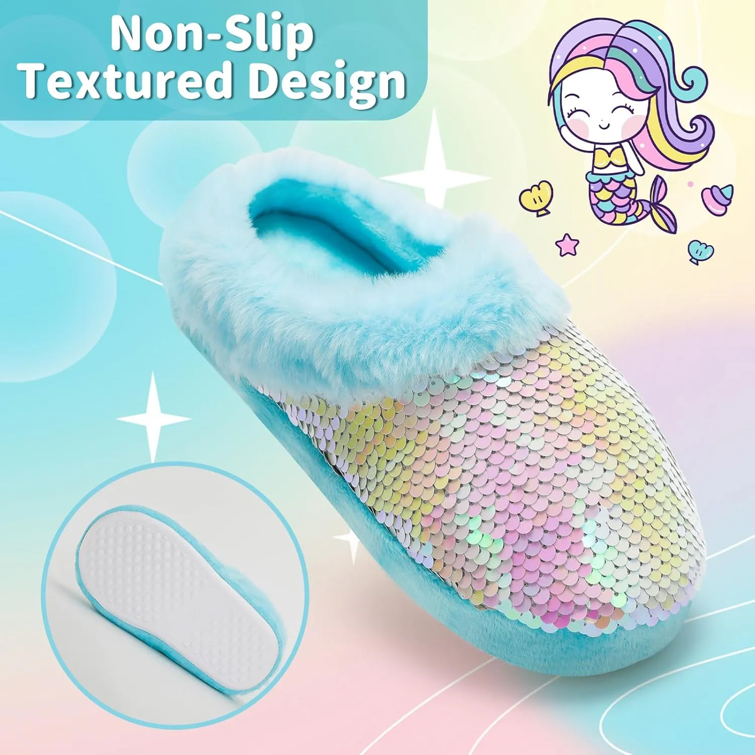 Girls Plush Sequin Slippers With Sleep Mask, Cute Faux Fur Slip-on Shoes Memory Foam House Shoes for Girls Bedroom Slippers