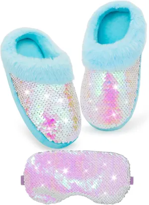 Girls Plush Sequin Slippers With Sleep Mask, Cute Faux Fur Slip-on Shoes Memory Foam House Shoes for Girls Bedroom Slippers