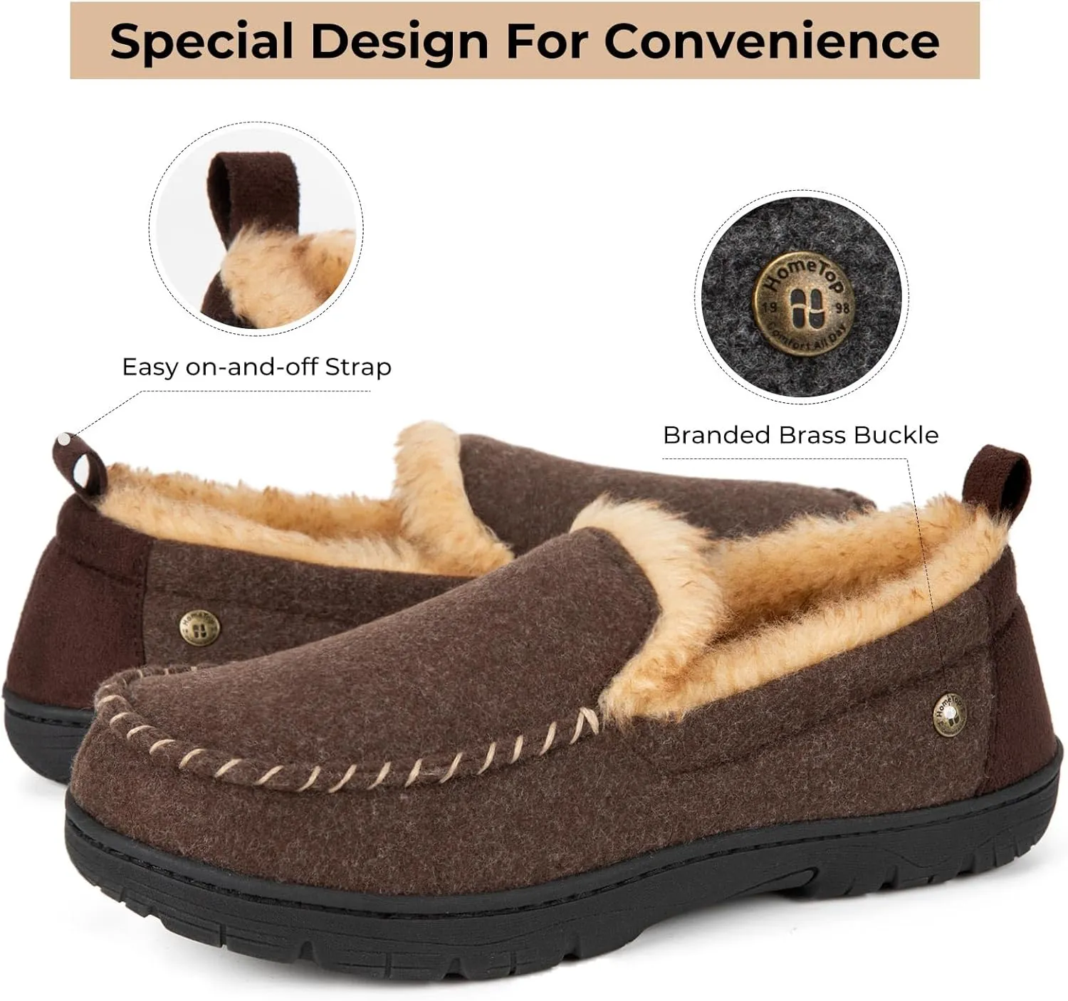 HomeTop Men's Memory Foam Moccasin Slippers, Indoor and Outdoor Warm Fuzzy Fleece House Shoes