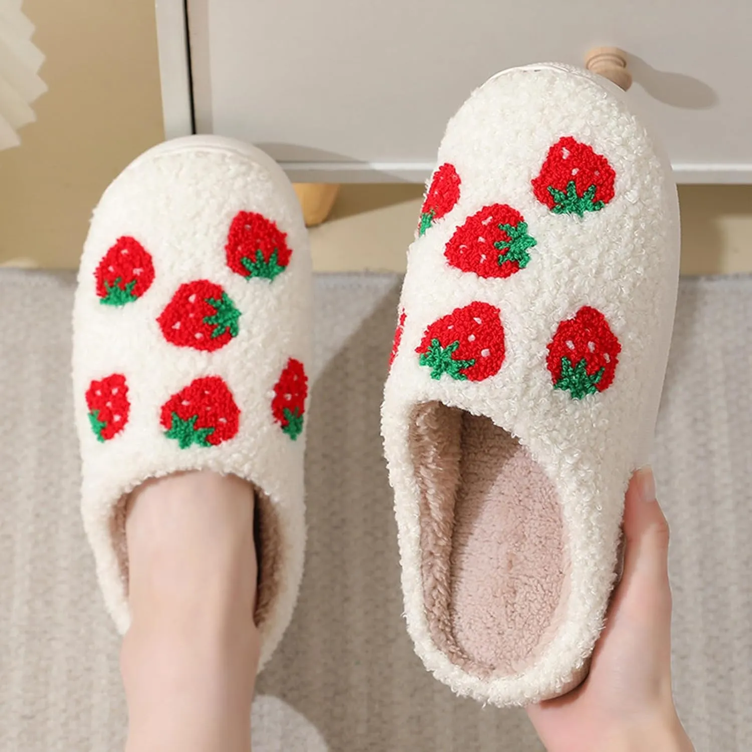 House Slippers for Women, Fruit Slipper with Strawberry Pineapple Flower Heart, Adult House Shoes with Checker Rainbow Evil Eyes Cat, Winter Fuzzy Bedroom Slides, Soft Cute Cozy