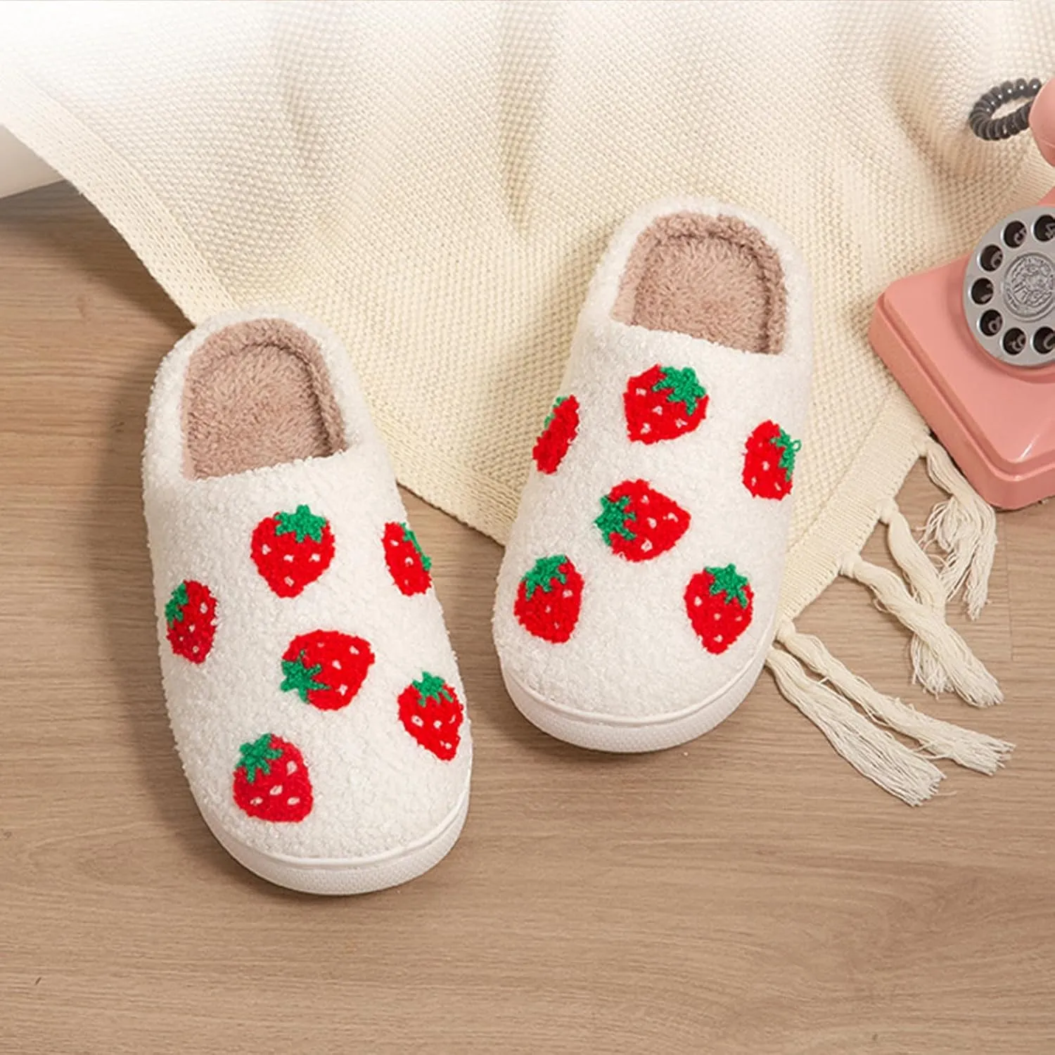 House Slippers for Women, Fruit Slipper with Strawberry Pineapple Flower Heart, Adult House Shoes with Checker Rainbow Evil Eyes Cat, Winter Fuzzy Bedroom Slides, Soft Cute Cozy
