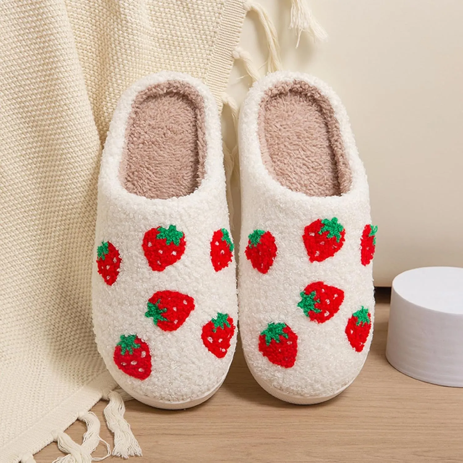House Slippers for Women, Fruit Slipper with Strawberry Pineapple Flower Heart, Adult House Shoes with Checker Rainbow Evil Eyes Cat, Winter Fuzzy Bedroom Slides, Soft Cute Cozy