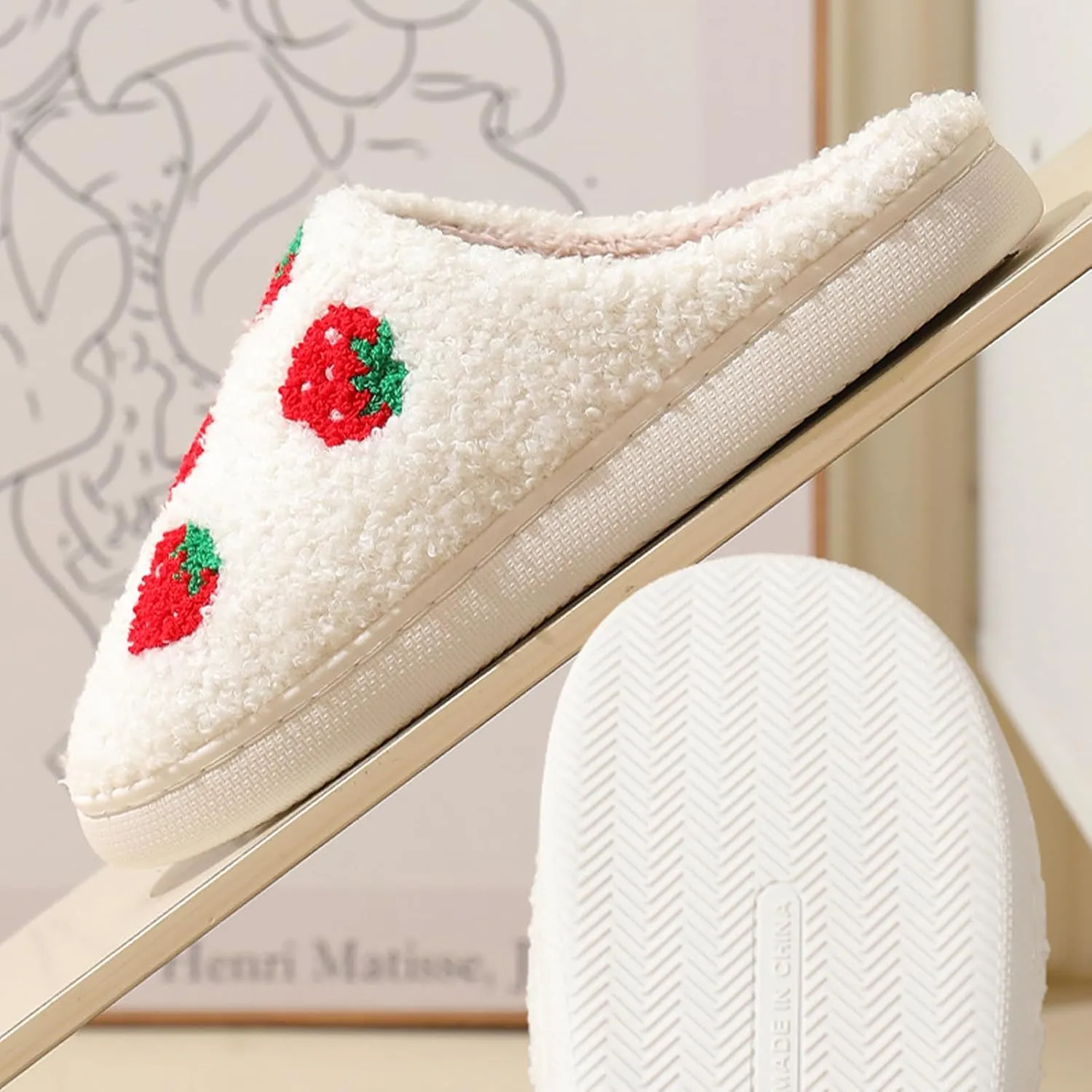 House Slippers for Women, Fruit Slipper with Strawberry Pineapple Flower Heart, Adult House Shoes with Checker Rainbow Evil Eyes Cat, Winter Fuzzy Bedroom Slides, Soft Cute Cozy
