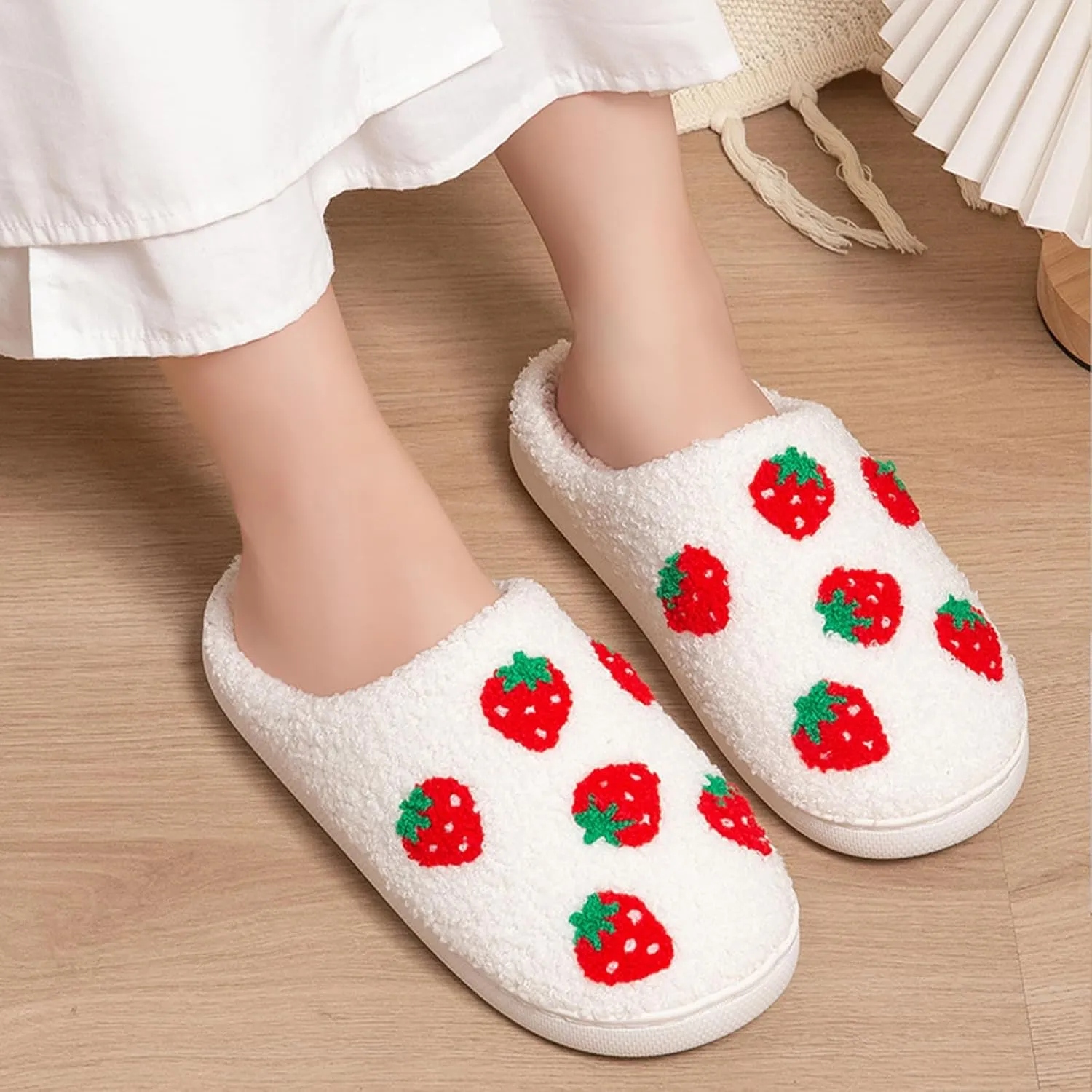 House Slippers for Women, Fruit Slipper with Strawberry Pineapple Flower Heart, Adult House Shoes with Checker Rainbow Evil Eyes Cat, Winter Fuzzy Bedroom Slides, Soft Cute Cozy