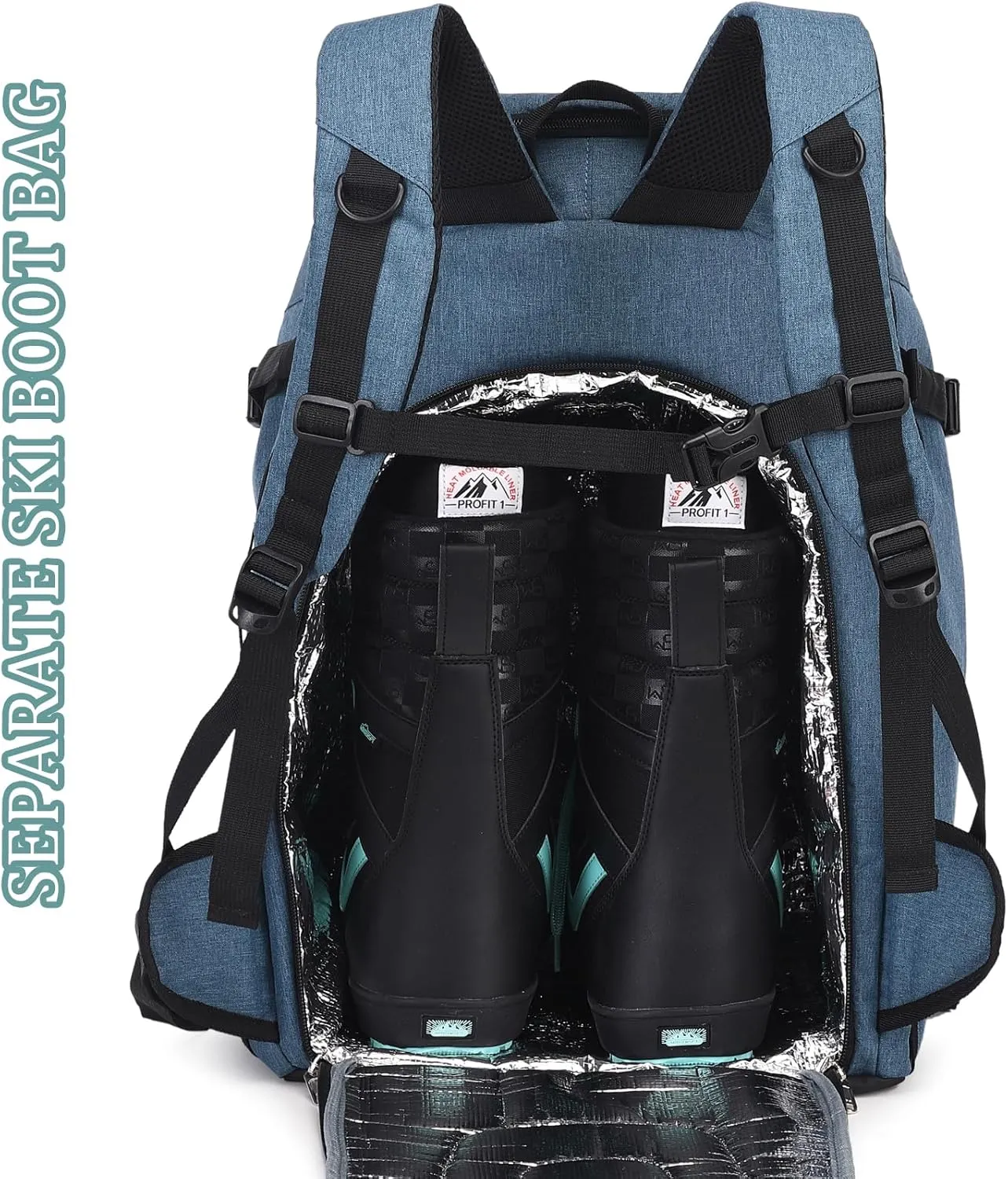 JIANYA Ski Boot Bag, 50L Waterproof Travel Backpack for Snowboard, Ski Helmet, Goggles, Gloves & Accessories, Blue