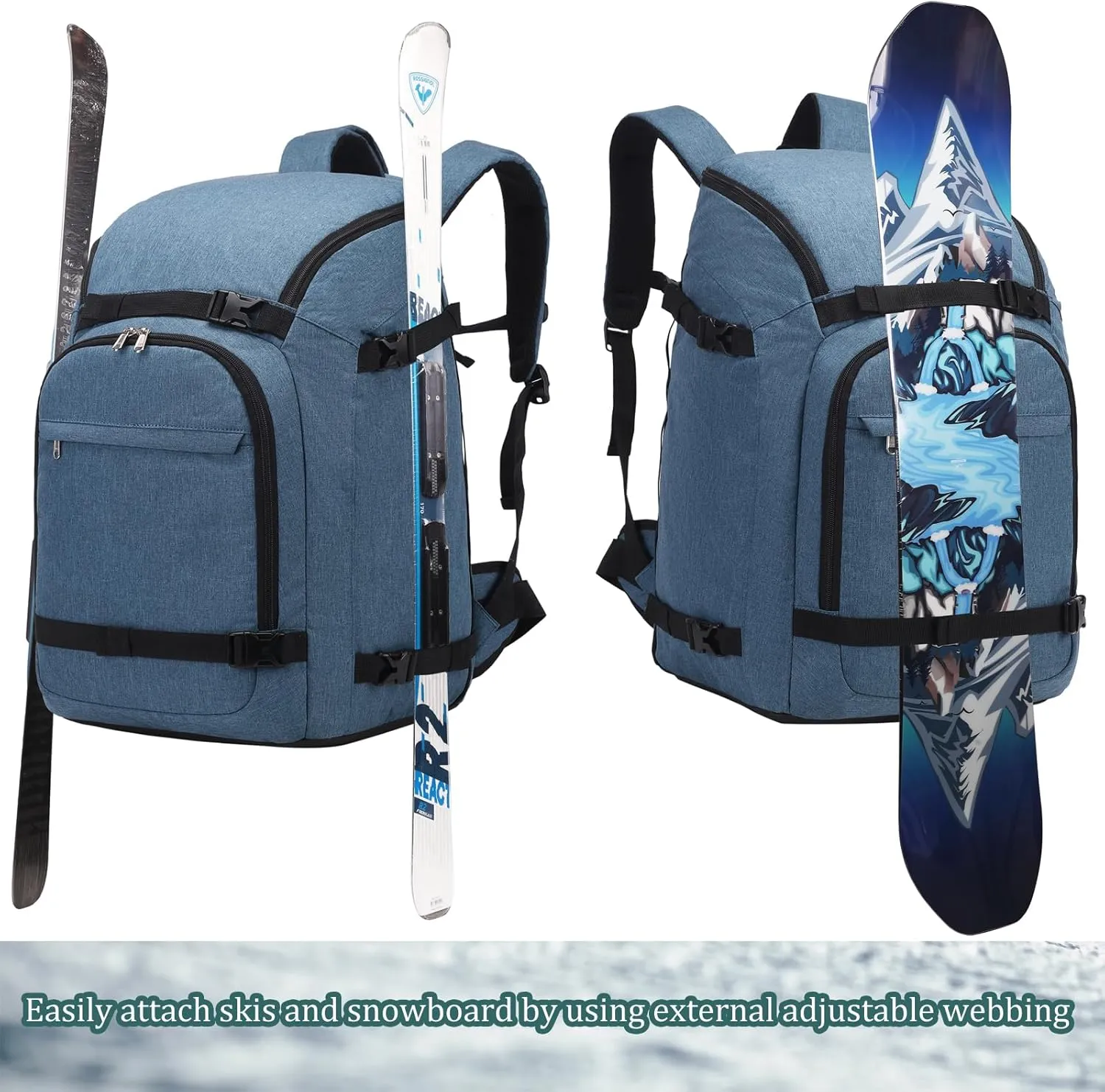 JIANYA Ski Boot Bag, 50L Waterproof Travel Backpack for Snowboard, Ski Helmet, Goggles, Gloves & Accessories, Blue