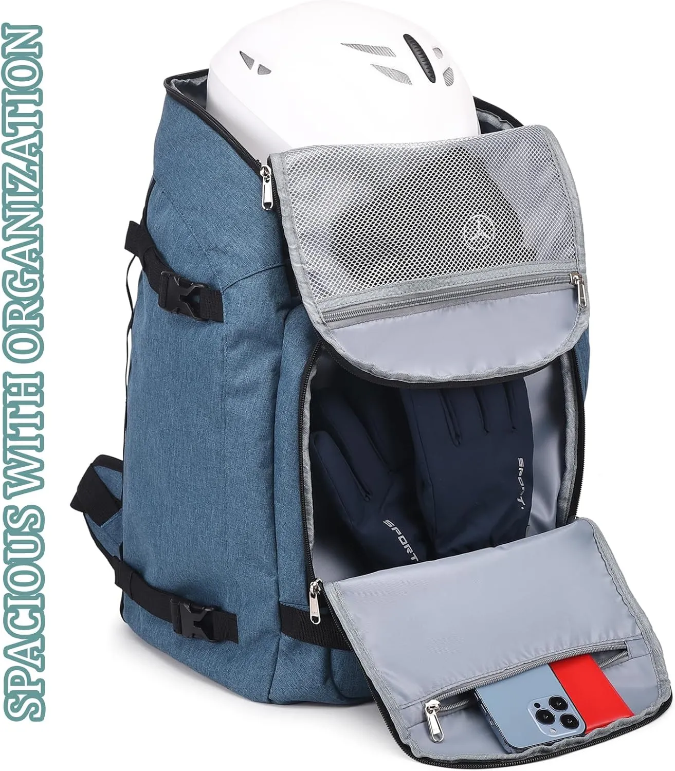 JIANYA Ski Boot Bag, 50L Waterproof Travel Backpack for Snowboard, Ski Helmet, Goggles, Gloves & Accessories, Blue
