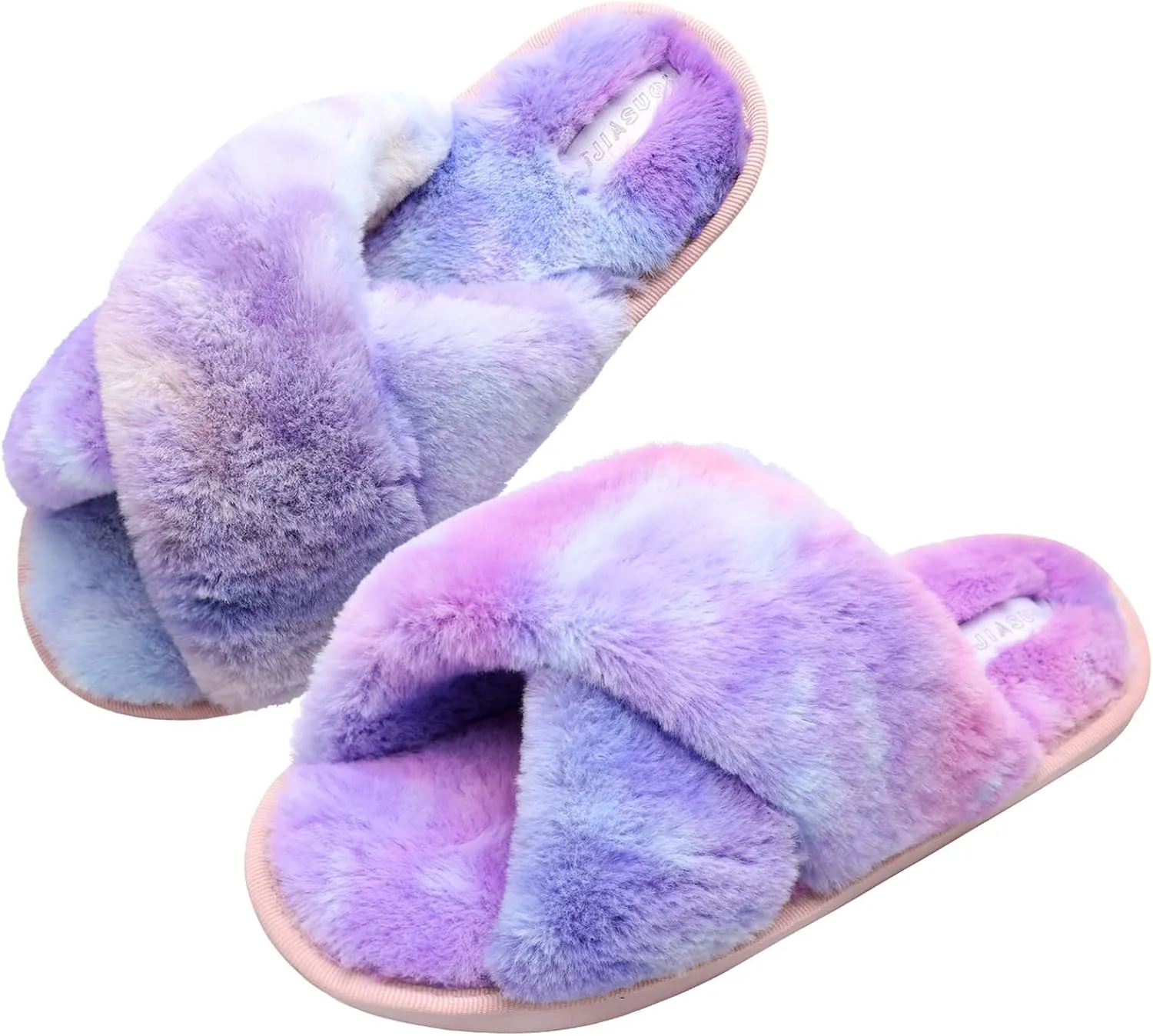 JIASUQI Women's Open Toe Slippers Fuzzy Fluffy House Slippers for Women Cozy Criss Cross Furry Slides Slippers