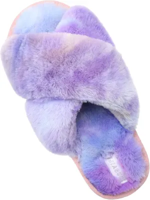 JIASUQI Women's Open Toe Slippers Fuzzy Fluffy House Slippers for Women Cozy Criss Cross Furry Slides Slippers