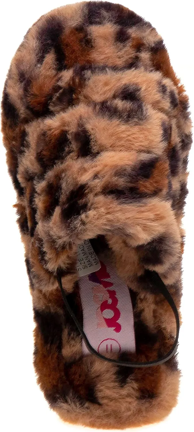 Josmo Girl's Fuzzy Furry Slippers-Soft and Cozy Faux Fur Open Toe Slide Sandals with Plush Fleece Toddler Kids Leopard Multi Pink Comfort House Shoes