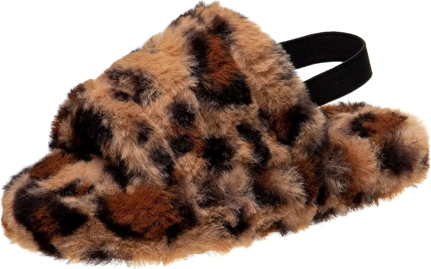 Josmo Girl's Fuzzy Furry Slippers-Soft and Cozy Faux Fur Open Toe Slide Sandals with Plush Fleece Toddler Kids Leopard Multi Pink Comfort House Shoes