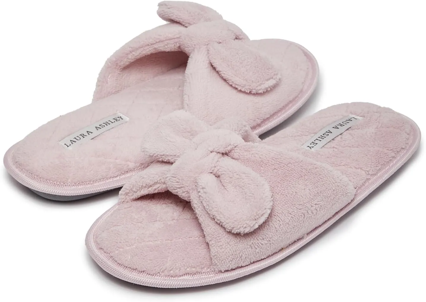 Laura Ashley Women's House Slippers - Cozy Bow Band Memory Foam Open Toe Spa Slide Slipper - Flat Slip On House Slippers for Women
