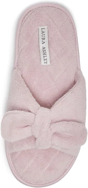 Laura Ashley Women's House Slippers - Cozy Bow Band Memory Foam Open Toe Spa Slide Slipper - Flat Slip On House Slippers for Women