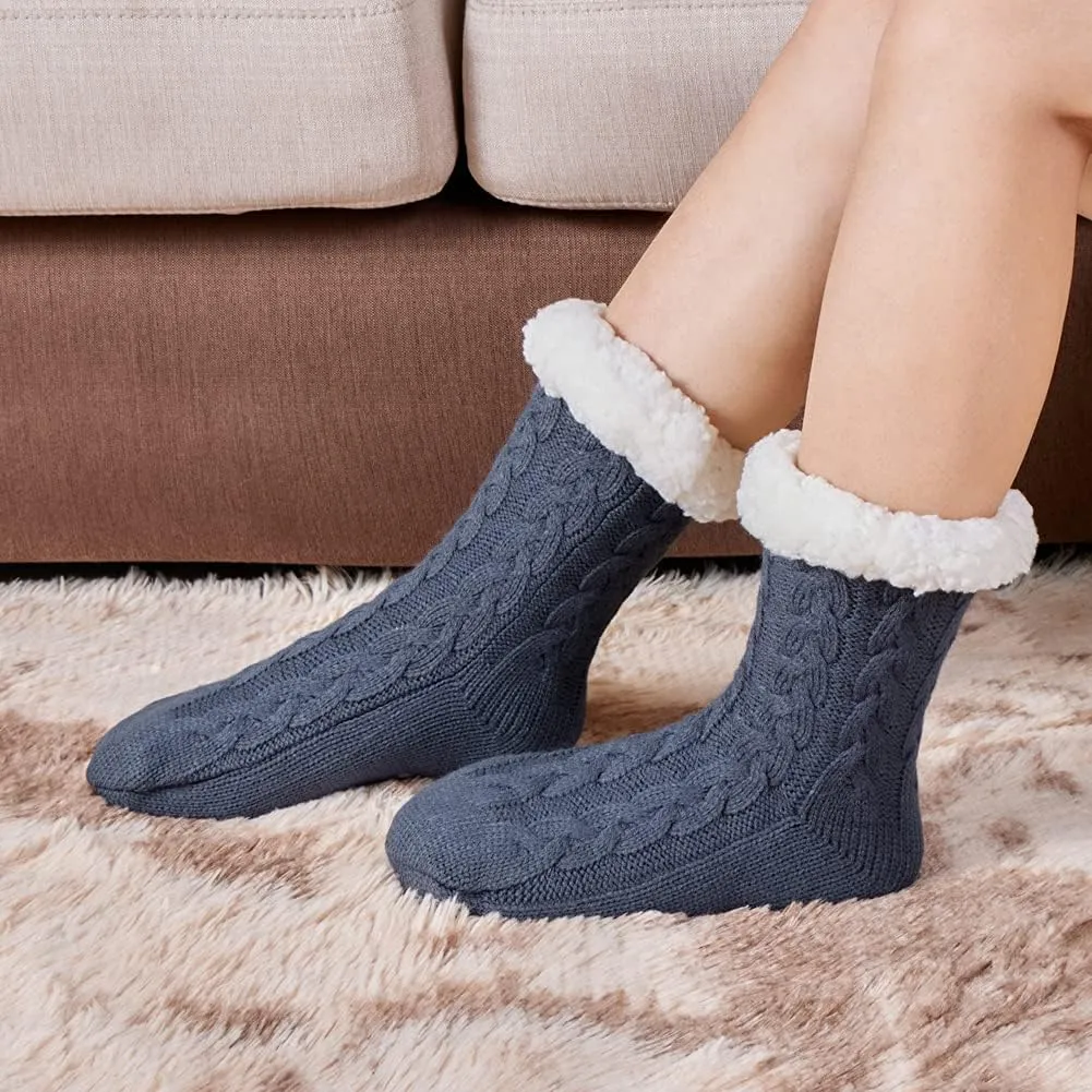 LEMZONE Women's Winter Slipper Socks Warm Cozy Fuzzy Fleece-lined Cabin Socks with Grippers