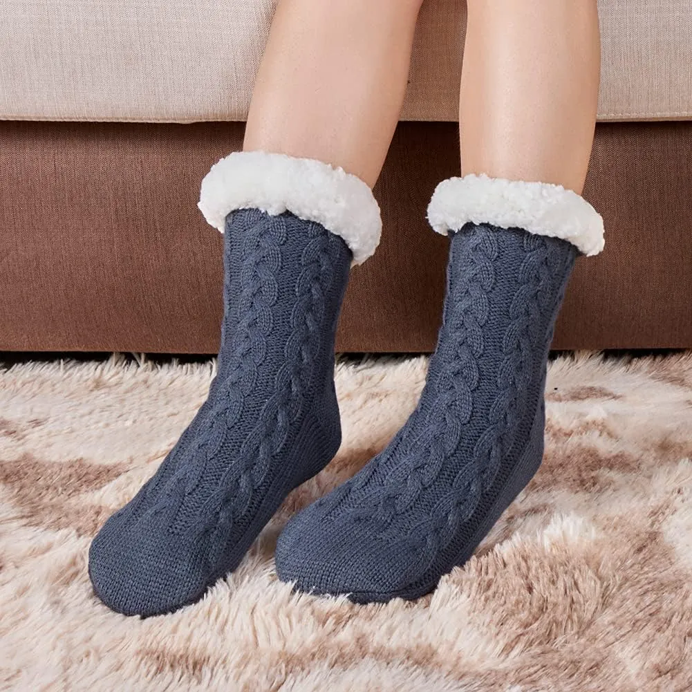 LEMZONE Women's Winter Slipper Socks Warm Cozy Fuzzy Fleece-lined Cabin Socks with Grippers